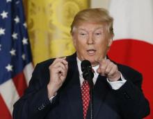 U.S. President Donald Trump gestures as he holds a joint press conference with Japanese Prime Minister Shinzo Abe (not pictured) at the White House in Washington, U.S., February 10, 2017. PHOTO BY REUTERS/Jim Bourg