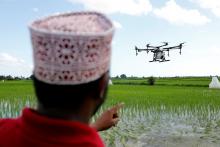 Drone pilot watches a customized DJI Agras MG-1S drone fly over a rice field during a training flight being part of a test in using drone technology in the fight against malaria, near Zanzibar City, on the island of Zanzibar, Tanzania, October 31, 2019. PHOTO BY REUTERS/Baz Ratner