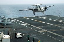 An E-2D Hawkeye plane approaches to the U.S. aircraft carrier John C. Stennis during joint military exercise called Malabar, with the United States, Japan and India participating, off Japan's southernmost island of Okinawa, Japan, June 15, 2016. PHOTO BY REUTERS/Nobuhiro Kubo