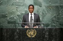 Zambian President Edgar Lungu speaks before attendees during the 70th session of the United Nations General Assembly at the U.N. Headquarters in New York, September 29, 2015. PHOTO BY REUTERS/Eduardo Munoz