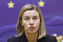 The European Union foreign policy chief Federica Mogherini attends a news conference in Kiev, December 17, 2014. PHOTO BY REUTERS/Valentyn Ogirenko