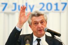 UNHCR High Commissioner for Refugees Filippo Grandi gestures during a news conference at a hotel in Bangkok, Thailand, July 7, 2017. PHOTO BY REUTERS/Athit Perawongmetha