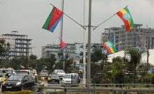 Ethiopia's and Eritrea's flags are displayed on the street ahead of Eritrea's President Isaias Afwerki's visit to Addis Ababa, Ethiopia, July 13, 2018. PHOTO BY REUTERS/Tiksa Negeri