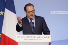 French President Francois Hollande delivers a speech during the annual Conference of Ambassadors at the Elysee Palace in Paris