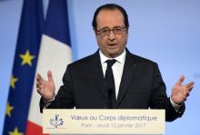 French President Francois Hollande delivers his New Year wishes to members of the foreign diplomatic corps, at the Elysee Palace in Paris, France, January 12, 2017. PHOTO BY REUTERS/Ian Langsdon