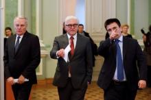 German Foreign Minister Frank-Walter Steinmeier (C), Ukrainian Foreign Minister Pavlo Klimkin (R) and French Foreign Minister Jean-Marc Ayrault attend a news conference in Kiev, Ukraine, February 23, 2016. PHOTO BY REUTERS/Gleb Garanich