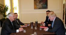 U.S. Secretary of State Rex Tillerson (L) and Britain's Foreign Secretary Boris Johnson attend a bilateral meeting during a G7 for foreign ministers in Lucca, Italy, April 10, 2017. PHOTO BY REUTERS/Max Rossi