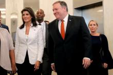 U.S. Secretary of State Mike Pompeo and U.S. Ambassador to the United Nations Nikki Haley walk together to a press briefing at U.N. headquarters in New York City, New York, U.S., July 20, 2018. PHOTO BY REUTERS/Brendan McDermid