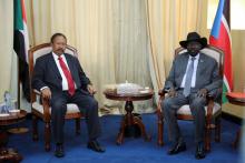 Sudan's prime minister Abdalla Hamdok and South Sudan's President Salva Kiir Mayardit are seen during their meeting in Juba, South Sudan, September 12, 2019. PHOTO BY REUTERS/Jok Solomun