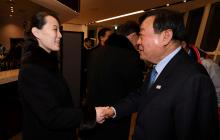 President of the Presidium of the Supreme People¡¯s Assembly of North Korea Kim Young Nam shakes hands with president of the Pyeongchang 2018 Organising Committee Lee Hee-beom during a banquet hosted by the Unification Ministry in Gangneung, South Korea, February 10, 2018. PHOTO BY REUTERS/Yonhap