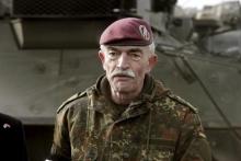Commander Joint Force Command Brunssum General Hans-Lothar Domrose speaks to media during the U.S. Army 2nd Cavalry Regiment deployment in Estonia as a part of the U.S. military's Operation Atlantic Resolve, "Dragoon Ride" exercise stop in Riga, March 22, 2015. PHOTO BY REUTERS/Ints Kalnins