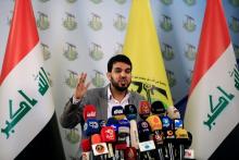 Hashim al-Mousawi, the official spokesman for Harakat Hezbollah al Nujaba, speaks during a news conference in Baghdad, Iraq, November 23, 2017. PHOTO BY REUTERS/Thaier Al-Sudani