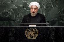 Iran's President Hassan Rouhani addresses a plenary meeting of the United Nations Sustainable Development Summit 2015 at the United Nations headquarters in Manhattan, New York, September 26, 2015. PHOTO BY REUTERS/Carlo Allegri