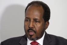 Somalia's President Hassan Sheikh Mohamud speaks during an interview with Reuters in Mogadishu