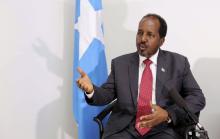 Somalia's President Hassan Sheikh Mohamud speaks during an interview with Reuters in Mogadishu