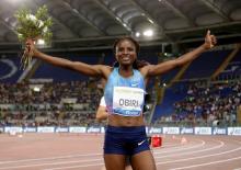 Hellen Obiri of Kenya celebrates. Athletics at the IAAF Athletics Diamond League meeting in Women's 5000m final at the Olympic Stadium, Rome, Italy June 8, 2017. PHOTO BY REUTERS/Max Rossi
