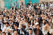 Supporters of the Houthi movement shout slogans after performing Eid al-Fitr prayers marking the end of the holy fasting month of Ramadan in Sanaa, Yemen, June 15, 2018. PHOTO BY REUTERS/Mohamed al-Sayaghi