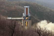 A new engine for an intercontinental ballistic missile (ICBM) is tested at a test site at Sohae Space Center in Cholsan County, North Pyongan province in North Korea in this undated photo released by North Korea's Korean Central News Agency (KCNA) on April 9, 2016. PHOTO BY REUTERS