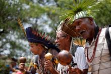 Indigenous people from various tribes dance as they wait to deliver a letter to Brazil's President-elect Jair Bolsonaro at a transitional government building in Brasilia, Brazil, December 6, 2018. PHOTO BY REUTERS/Adriano Machado
