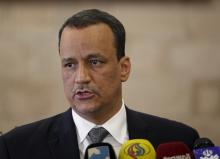 United Nations (U.N.) special envoy for Yemen, Ismail Ould Cheikh Ahmed speaks to the media upon departure after a five-day visit to Yemen's capital Sanaa, January 14, 2016. PHOTO BY REUTERS/Khaled Abdullah