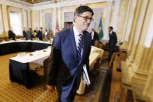 U.S. Treasury Secretary Jack Lew departs after a Financial Stability Oversight Council open meeting at the Treasury Department in Washington, January 21, 2015. PHOTO BY REUTERS/Jonathan Ernst