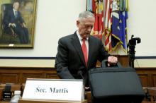 U.S. Defense Secretary James Mattis arrives for a House Armed Services Committee hearing on the Pentagon's budget priorities on Capitol Hill in Washington, U.S., June 12, 2017. PHOTO BY REUTERS/Yuri Gripas