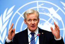 United Nations Syria envoy's Special Adviser Jan Egeland attends a briefing after the meeting of the humanitarian task force on Syria in Geneva, Switzerland, February 1, 2018. PHOTO BY REUTERS/Denis Balibouse