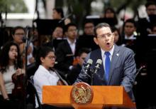 Guatemala's President Jimmy Morales addresses the audience during the inauguration of the Spanish Square in Guatemala City, Guatemala, September 12, 2017. PHOTO BY REUTERS/Luis Echeverria