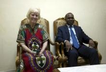 Freed hostage Jocelyn Elliott (L), who was kidnapped with her husband in Burkina Faso by a group affiliated to al Qaeda, sits with Burkina Faso's Foreign Minister Alpha Barry after being freed and upon arrival in Ouagadougou, Burkina Faso, February 8, 2016. PHOTO BY REUTERS/Nabila El Hadad