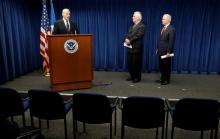 Homeland Security Secretary John Kelly (L), Secretary of State Rex Tillerson (C) and Attorney General Jeff Sessions (R), deliver remarks on issues related to visas and travel after U.S. President Donald Trump signed a new travel ban order in Washington, U.S., March 6, 2017. PHOTO BY REUTERS/Kevin Lamarque