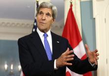 U.S. Secretary of State John Kerry talks to reporters about Ukraine, at the State Department in Washington