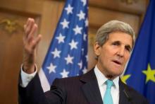 U.S. Secretary of State John Kerry addresses the media after a meeting with German Foreign Minister Frank-Walter Steinmeier (unseen) at German foreign ministry's guesthouse Villa Borsig at lake Tegel in Berlin, Germany, September 20, 2015. PHOTO BY REUTERS/Axel Schmidt