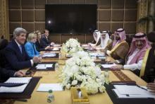 U.S. Secretary of State John Kerry (L) meets with the Crown Prince of Saudi Arabia Muhammad bin Nayef (R) in Diriyah Farm, Saudi Arabia, October 24, 2015. PHOTO BY REUTERS/Carlo Allegri