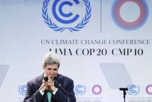 U.S. Secretary of State John Kerry gestures while delivering a speech at the U.N. Climate Change Conference COP 20 in Lima, December 11, 2014. PHOTO BY REUTERS/Enrique Castro-Mendivil