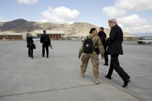 U.S. Secretary of State John Kerry (R) walks upon arrival at Kabul International Airport for a day of meetings with Afghan leaders in Kabul, April 9, 2016. PHOTO BY REUTERS/Jonathan Ernst