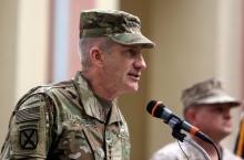 Incoming Commander of Resolute Support forces and U.S. forces in Afghanistan, U.S. Army General John Nicholson speaks during a change of command ceremony in Resolute Support headquarters in Kabul, Afghanistan, March 2, 2016. PHOTO BY REUTERS/Rahmat Gul