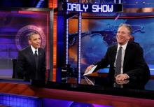 U.S. President Barack Obama (L) participates in a taping of the Daily Show with Jon Stewart at the Comedy Central Studios in New York, October 18, 2012. PHOTO BY REUTERS/Jason Reed