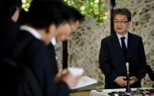U.S. Special Representative for North Korea Policy Joseph Yun (R) answers questions from reporters following meeting with Japan and South Korea chief nuclear negotiators to talk about North Korean issues at the Iikura guest house in Tokyo, Japan, April 25, 2017. PHOTO BY REUTERS/Toru Yamanaka