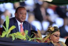 Kenya's President Uhuru Kenyatta, accompanied by his wife Margaret, attends Mashujaa (Heroes) Day at the Nyayo National Stadium in capital Nairobi