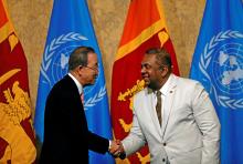 United Nations Secretary-General Ban Ki-moon (L) shakes hands with Sri Lanka's Minister of Foreign Affairs Mangala Samaraweera at the "Sustaining Peace - Achieving Sustainable Development Goals" forum during an official visit in Colombo, Sri Lanka, September 2, 2016. PHOTO BY REUTERS/Dinuka Liyanawatte
