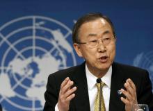 United Nations Secretary-General Ban Ki-moon (R) holds a joint news conference with UN-Arab League Envoy to Syria Lakhdar Brahimi (not pictured) in Montreux
