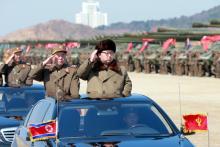 North Korean leader Kim Jong Un salutes as he arrives to inspect a military drill at an unknown location, in this undated photo released by North Korea's Korean Central News Agency (KCNA), March 25, 2016. PHOTO BY REUTERS/KCNA