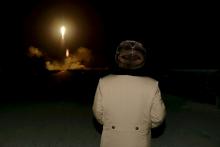 North Korean leader Kim Jong Un watches the ballistic rocket launch drill of the Strategic Force of the Korean People's Army (KPA) at an unknown location, in this undated file photo released by North Korea's Korean Central News Agency (KCNA) in Pyongyang, March 11, 2016. PHOTO BY REUTERS
