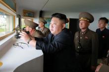 North Korean leader Kim Jong Un inspects the defence detachment on Jangjae Islet and the Hero Defence Detachment on Mu Islet located in the southernmost part of the waters off the southwest front, in this undated photo released by North Korea's Korean Central News Agency (KCNA) on May 5, 2017. PHOTO BY REUTERS/KCNA