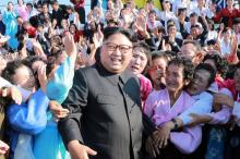 North Korean leader Kim Jong Un meets supporters in this undated photo released by North Korea's Korean Central News Agency (KCNA) in Pyongyang, September 12, 2017. PHOTO BY REUTERS/KCNA