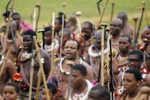 Swaziland's King Mswati III (C) arrives with his regiment for the annual Reed Dance at Ludzidzini in Swaziland, August 28, 2011. PHOTO BY REUTERS/Siphiwe Sibeko