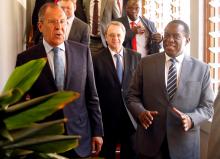 Zimbabwean President Emmerson Mnangagwa walks with Russian Foreign Minister Sergey Lavrov before their meeting in Harare, Zimbabwe, March 8, 2018. PHOTO BY REUTERS/Philimon Bulawayo