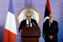 French Foreign Affairs Minister Jean-Yves Le Drian (L) speaks during a news conference at the headquarters of the prime minister's office in Tripoli, Libya, September 4, 2017. PHOTO BY REUTERS/Ismail Zitouny