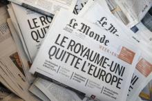 The front page of daily newspaper Le Monde, with the headline, "United Kingdom Leaves Europe" is seen at their printing works following Britain's referendum results to leave the European Union, in Tremblay-en-France, near Paris, France, June 24, 2016. PHOTO BY REUTERS/Christian Hartmann