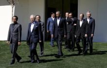 U.S. President Barack Obama and other leaders arrive for a group photo at the 10-nation Association of Southeast Asian Nations (ASEAN) summit at Sunnylands in Rancho Mirage, California, February 16, 2016. PHOTO BY  REUTERS/Kevin Lamarque